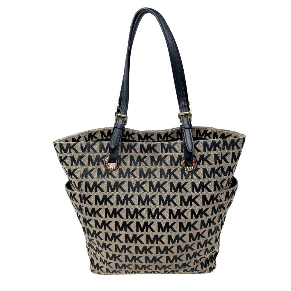 MICHAEL Michael Kors Black/Tan MK Logo Canvas Tote Bag Snap Closure Many Pockets